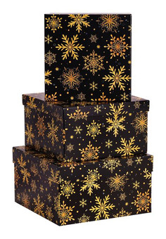 Набор квадратных коробок 3 в 1 Золотые снежинки на черном (19,5 х 19,5х11см-15,5х15,5х9 см) 
