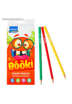 Карандаши цветные пластиковые BOOKI, 12 цв., шестигранный корпус, d грифеля = 2.6 мм, картонная упак