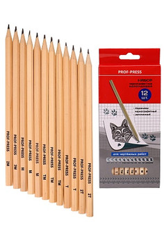 Набор дерев. чернографитных карандашей для черчения, 12 шт (КЧ-4872),2Т,2Т,Т,Т,ТМ,ТМ,ТМ,М,М,М,2М,2М