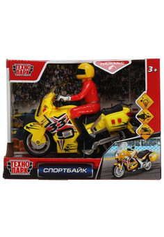 Модель пластик свет-звук МОТОЦИКЛ СПОРТ 15 см, 2 кнопки, инерц, желт, кор. Технопарк в кор.2*24шт