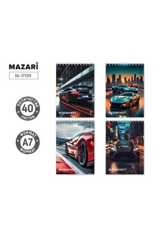 Блокнот А7, 40 л., обложка картон, блок офсет, клетка, на спирали, ассорти 4 дизайна